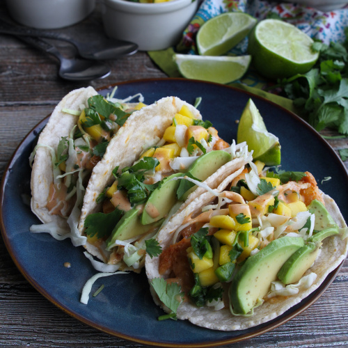 fish tacos, complete with mango salsa and chipotle aioli